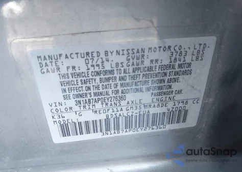 2014 Nissan Sentra S z USA, uszkodzony, nr VIN 3N1AB7AP0EY276360